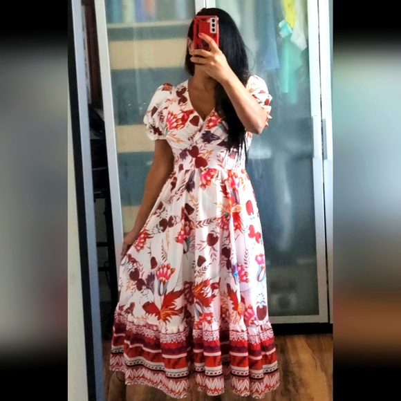 Floral, ruffle trim, puff sleeve, maxi dress - Picture 2 of 3